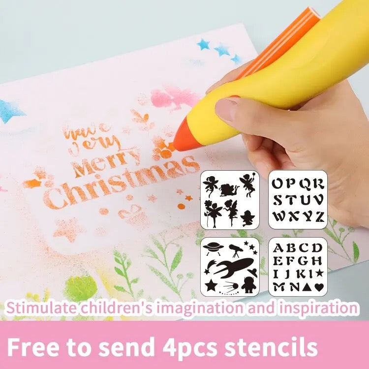 Kids Electric Graffiti Pen Set Magic Spray Washable Art Painting Markers Airbrush BlowPen Rechargeable 4 Stencils Doodle Drawing