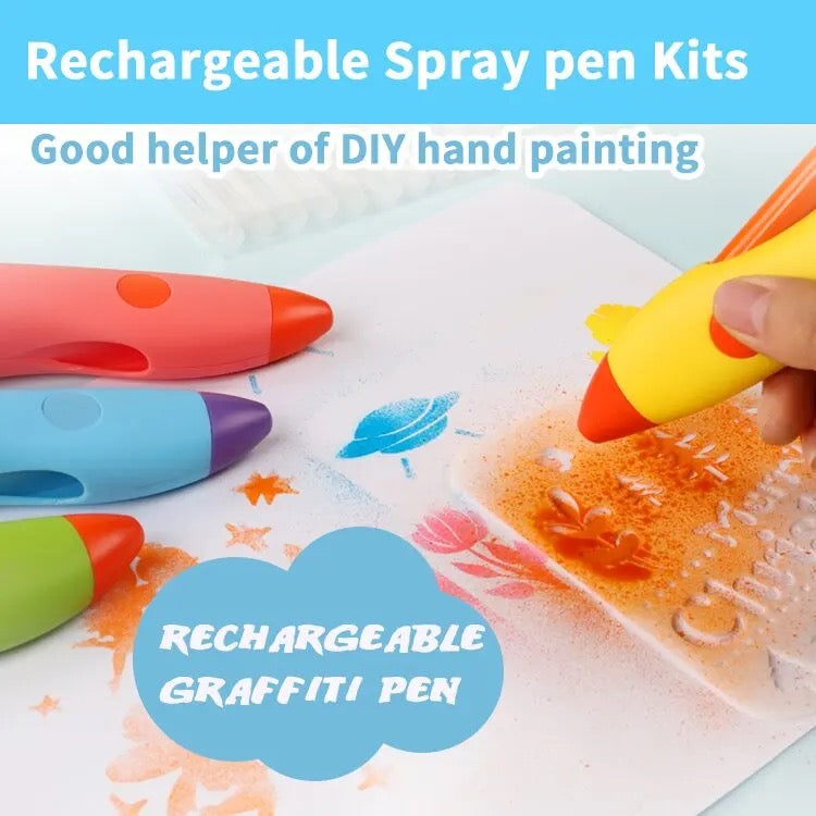 Kids Electric Graffiti Pen Set Magic Spray Washable Art Painting Markers Airbrush BlowPen Rechargeable 4 Stencils Doodle Drawing