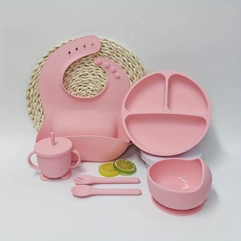 6pcs/Set BPA Free Silicone Baby Feeding Set
Sucker Bowl Dishes Plate Straw Cup Spoon Forks Baby Bib For Children’s Tableware