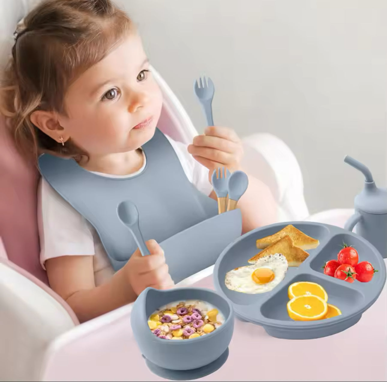 8PCS/Set BPA Free Silicone Baby Feeding Set
Sucker Bowl Dishes Plate Straw Cup Spoon Forks Baby Bib For Children’s Tableware