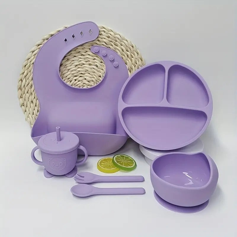 6pcs/Set BPA Free Silicone Baby Feeding Set
Sucker Bowl Dishes Plate Straw Cup Spoon Forks Baby Bib For Children’s Tableware