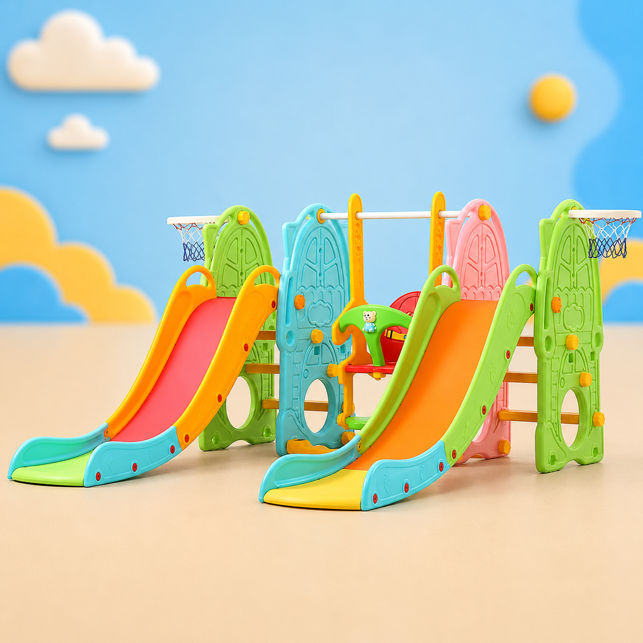 Kids Multi-Play Slide & Swing Set with Basketball Hoop