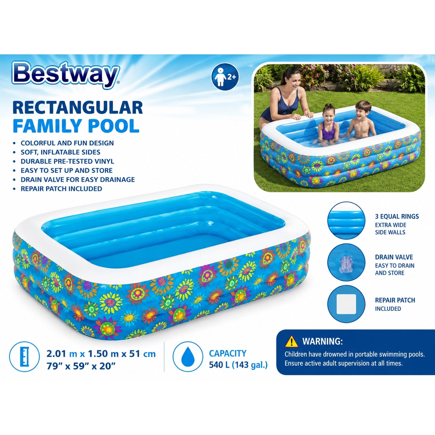 Bestway Family Inflatable Swimming Pool 7.5ft